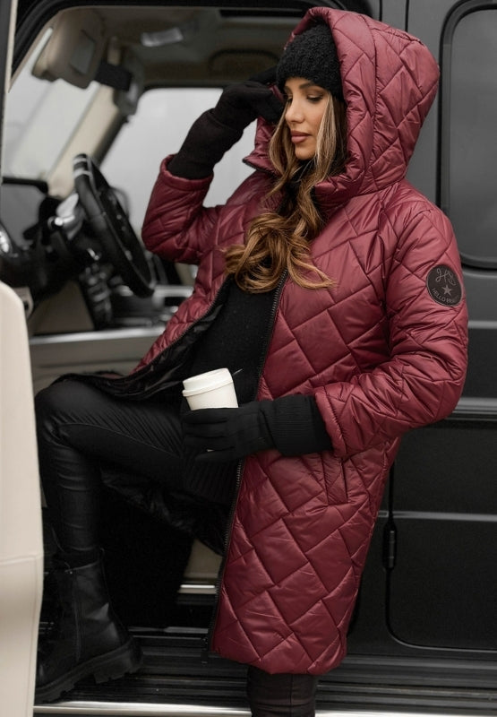 Women's Emily Carter jacket with stitched diamond panel design, featuring a stylish and fitted outerwear piece.