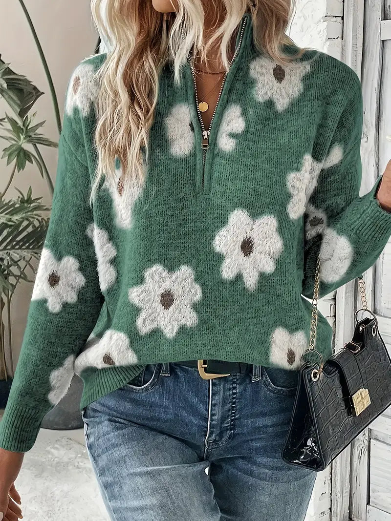 Homixa women's floral pattern sweater with quarter-zip, cozy knit design, perfect for casual wear and layering.