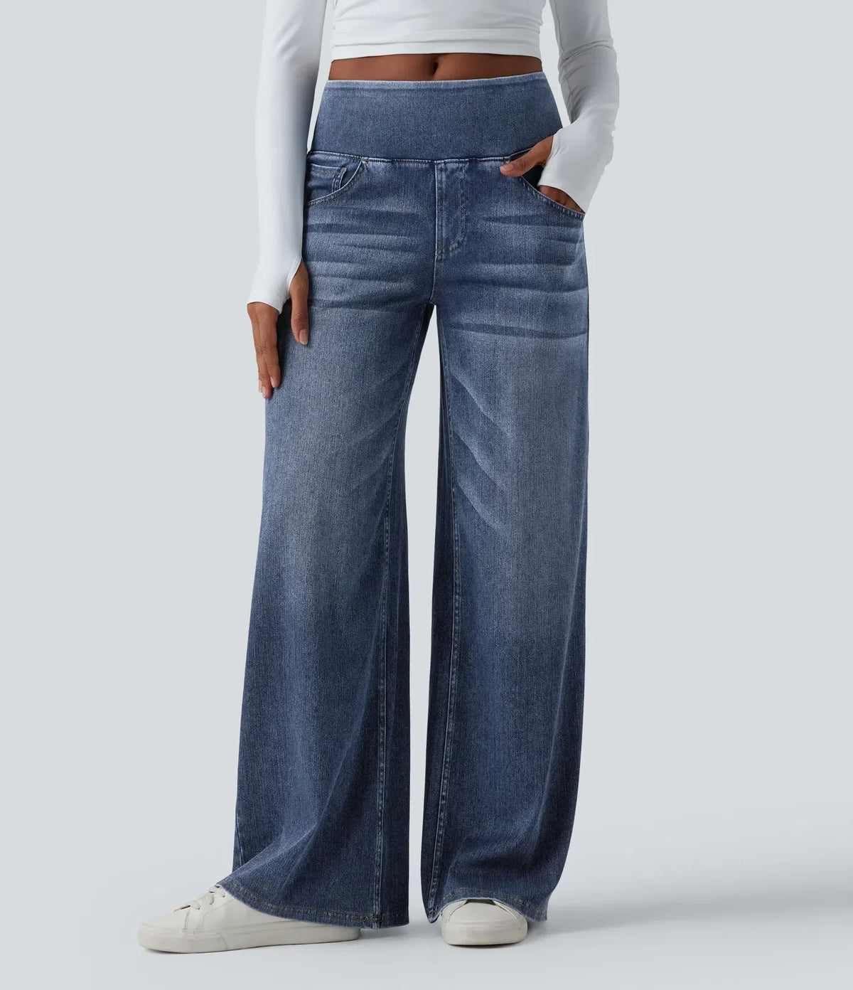 Mercer & Bloom Velouré Flex™ mid-rise draped washed casual baggy wide-leg jeans with front and back pockets.