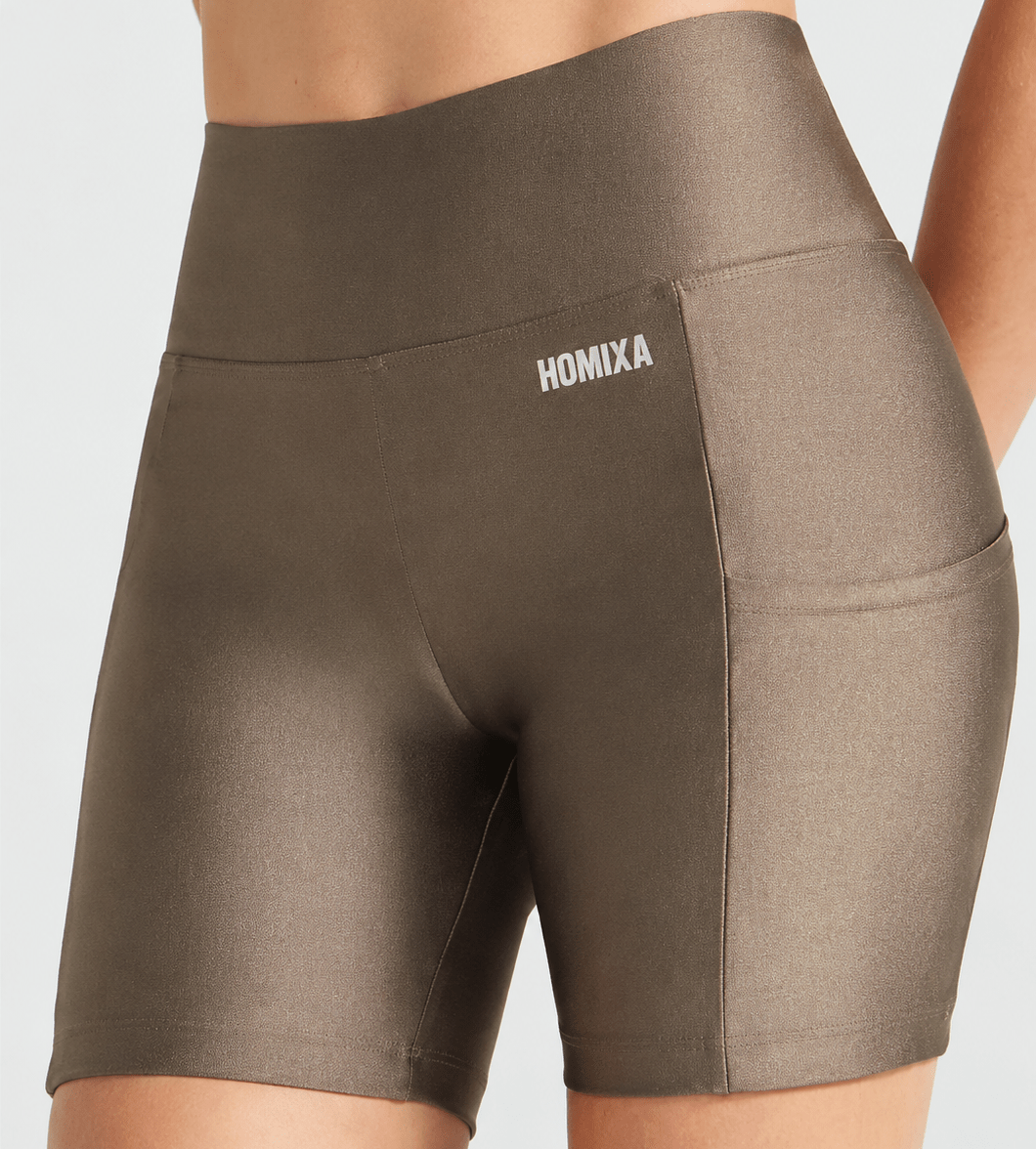 Homixa Shimmer Pocket Women's Bermuda Shorts in metallic bronze, featuring a shiny finish and functional pockets.