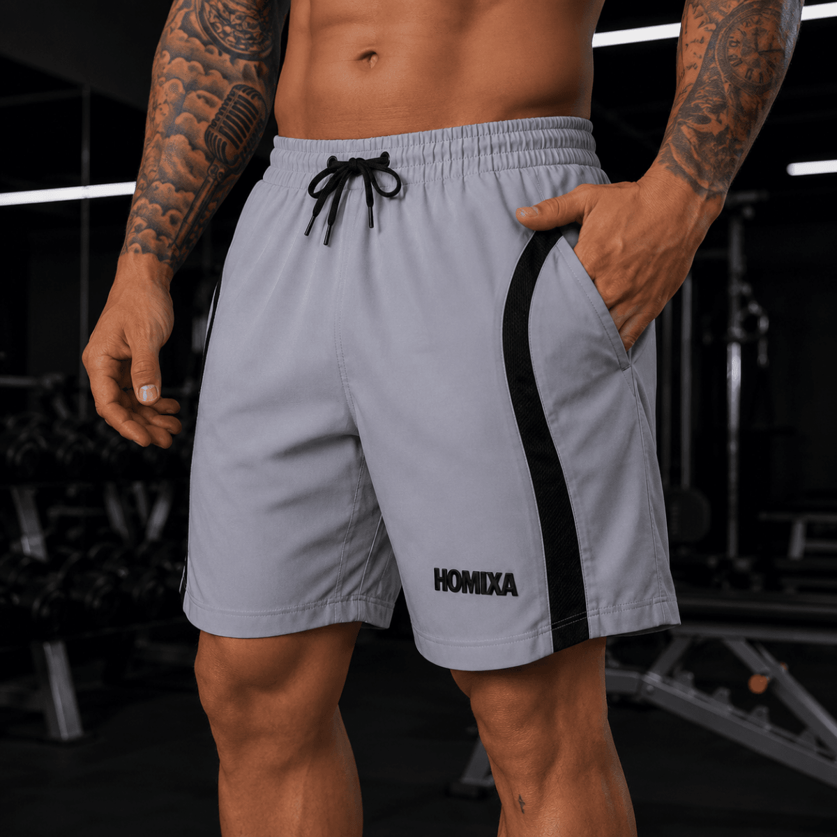 Homixa Side Track men's shorts in light gray, featuring a comfortable fit and athletic design, perfect for casual wear.
