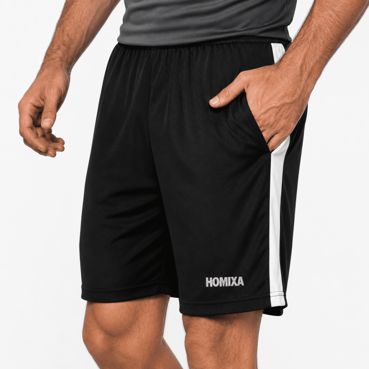 Black Homixa men's performance shorts with side stripe detail, designed for active wear and athletic comfort.