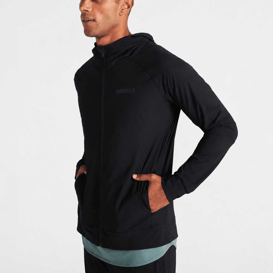 Homixa Active Shield men's black windbreaker jacket with lightweight, water-resistant fabric and adjustable hood.