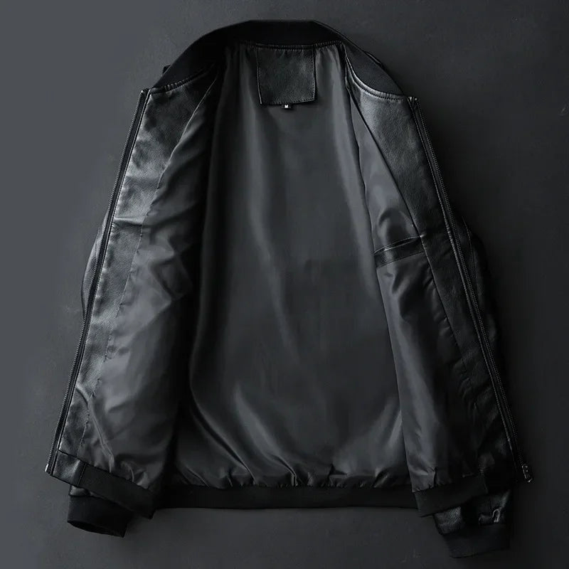 Jack Hafford Renegade leather bomber jacket displayed on a hanger, featuring a classic black leather design with ribbed cuffs and collar.