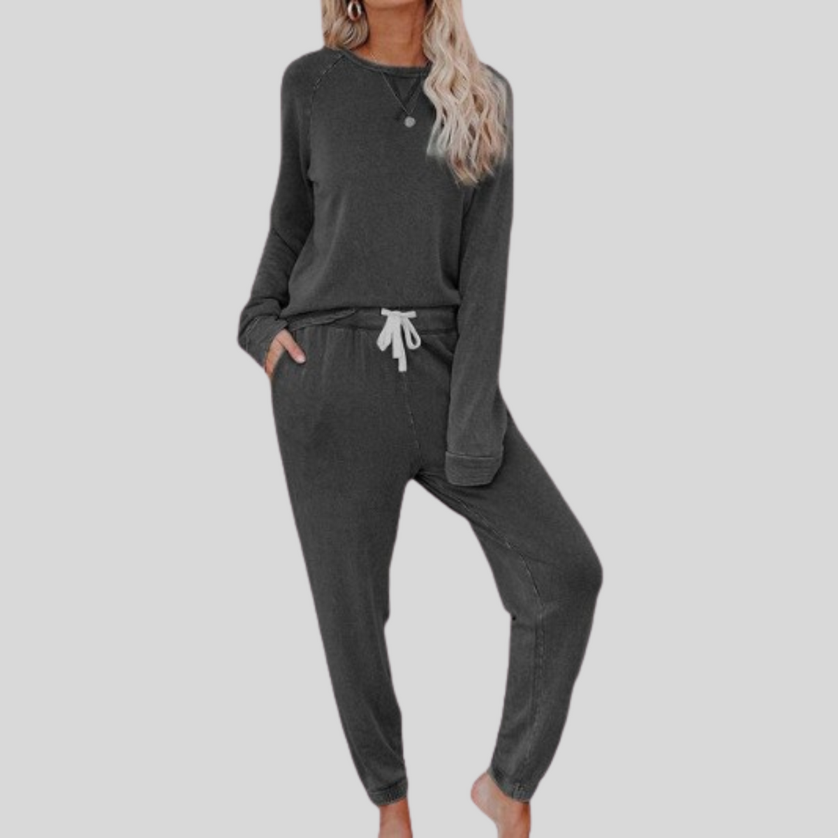 Mercer & Bloom JOCELYN™ casual long sleeve top and sweatpants set in soft fabric, shown laid out flat.