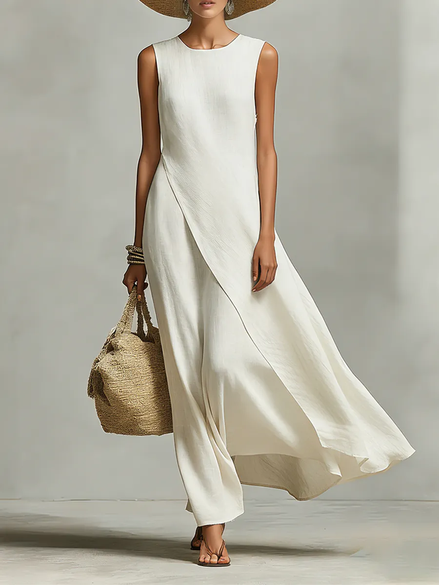 Homixa Aurelia women's sleeveless high-neck asymmetric maxi dress displayed on a model with flowing fabric and elegant design.