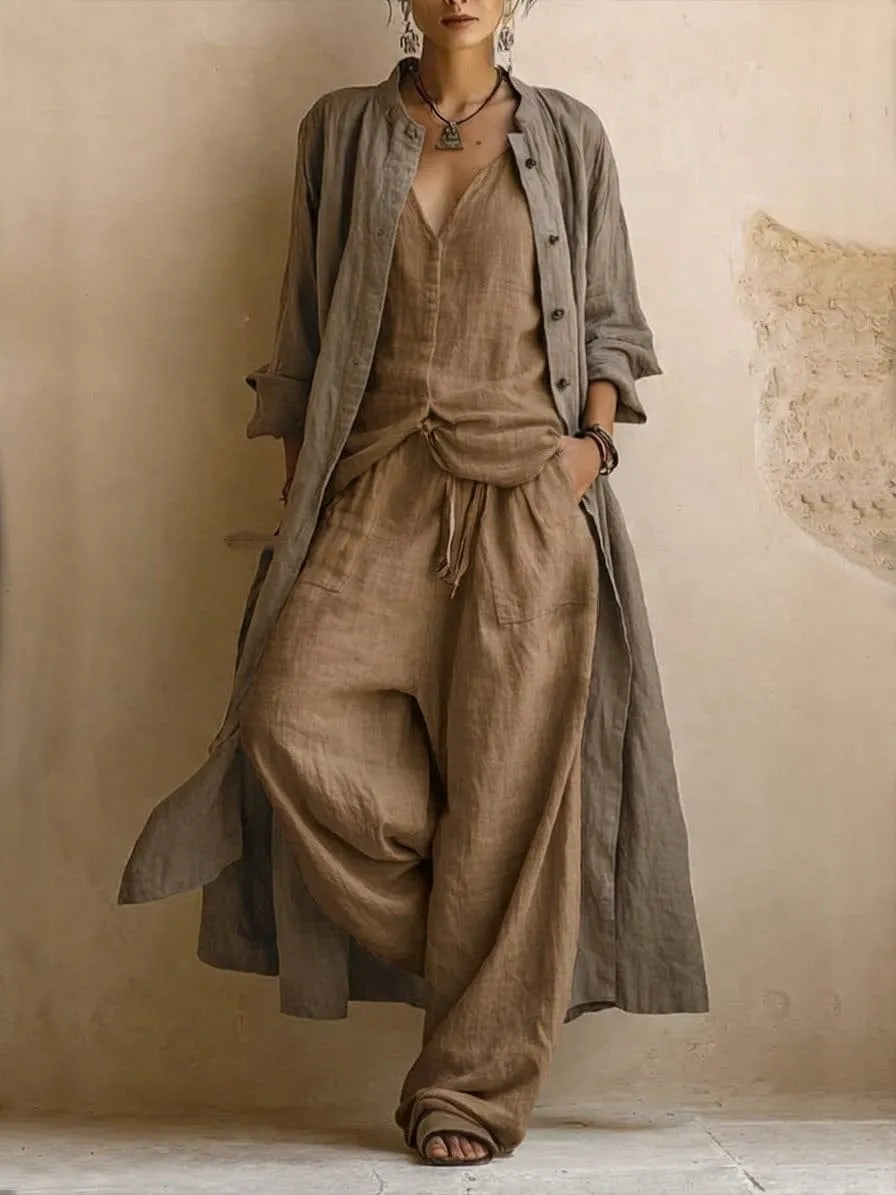 Homixa women's long cardigan and wide-leg pant set, 3-piece casual outfit with comfortable fit and stylish design.