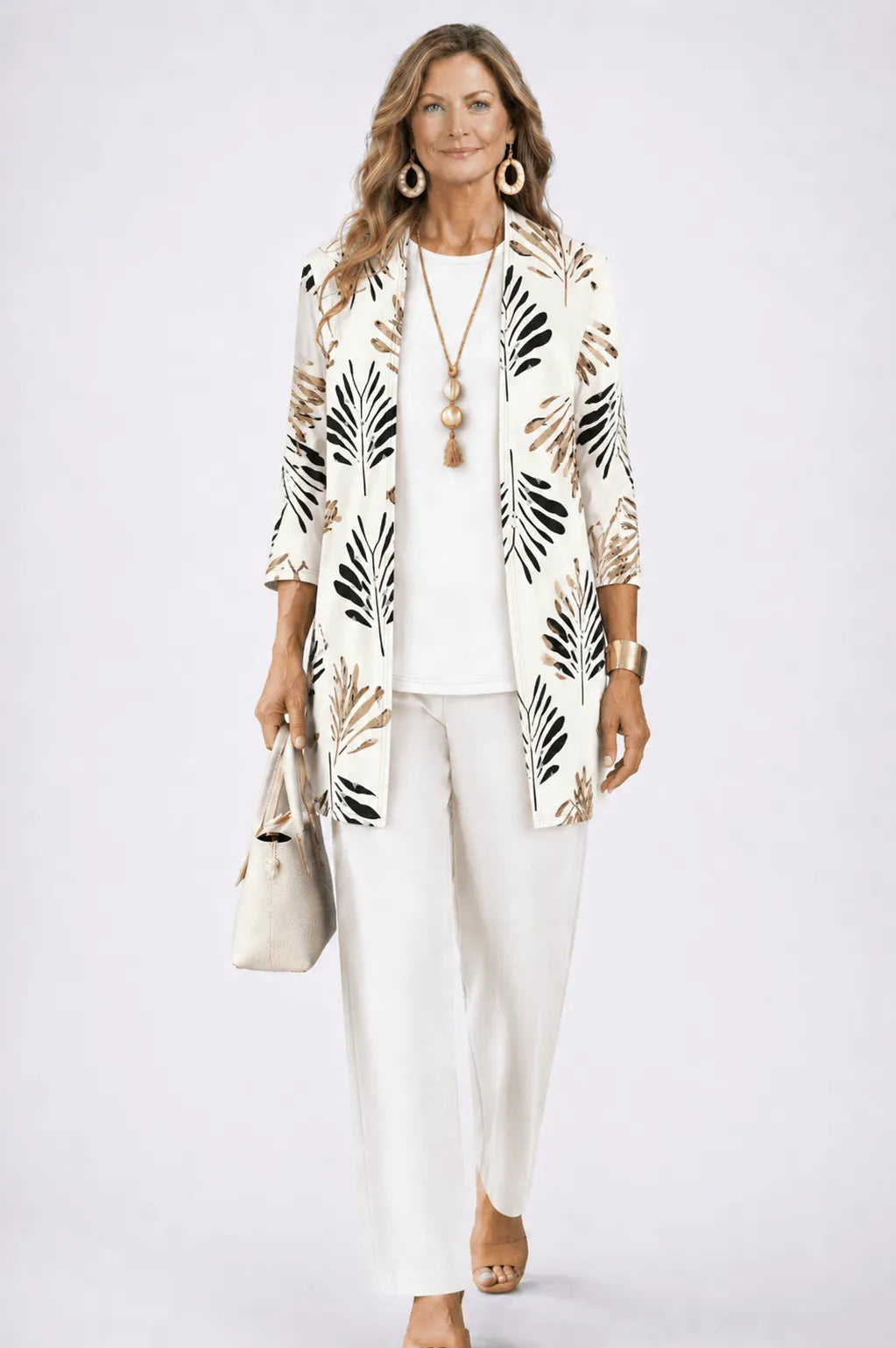 Homixa women's long cardigan and wide-leg pant set, 3-piece breezy casual outfit displayed on a model.