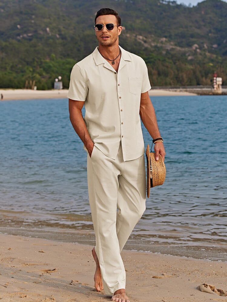 Homixa men's beach co-ord set with camp-collar shirt, chest pocket, and straight-leg trousers for a casual seaside look.