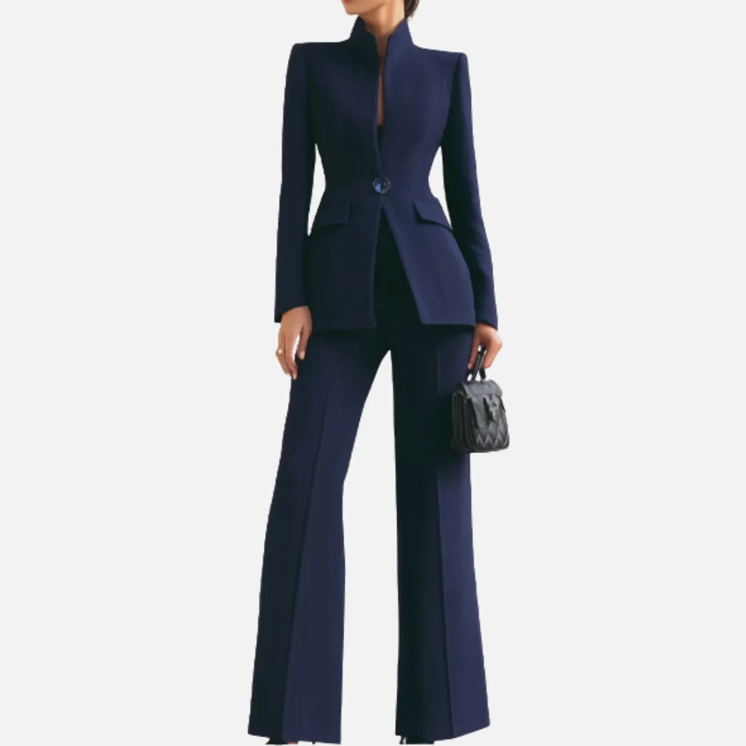 Women's Celeste Homixa pant suit with stand-collar blazer and wide-leg pants, stylish and tailored for a modern look.