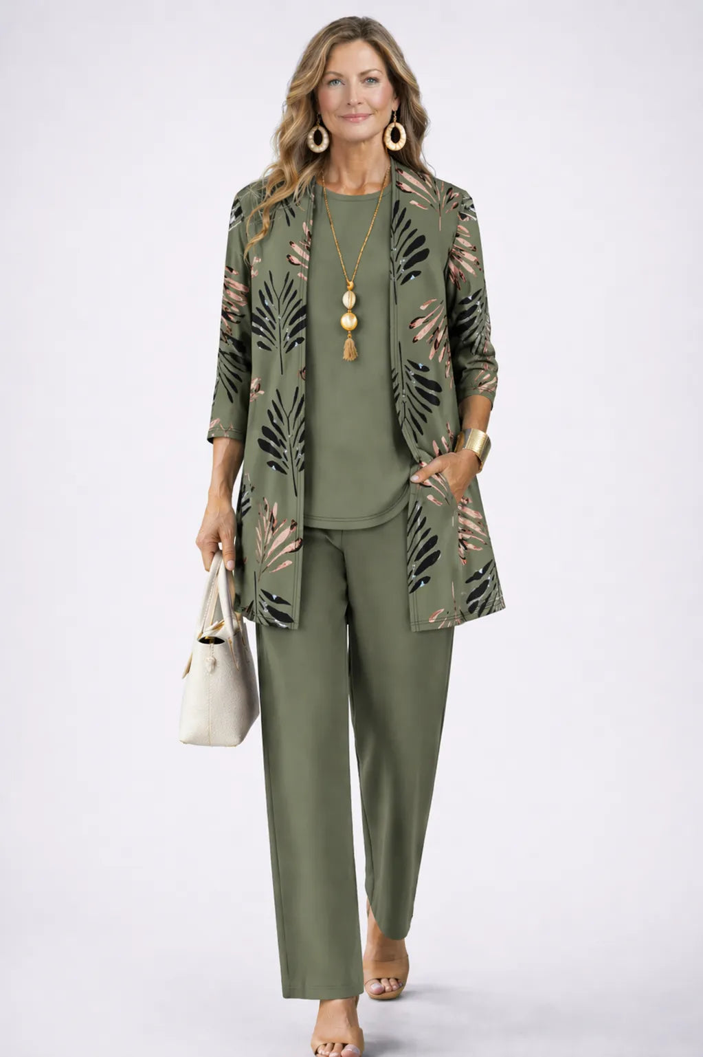 Women's botanical-print 3-piece wide-leg pant set by Homixa featuring flowy pants, top, and coordinating jacket for stylish comfort.