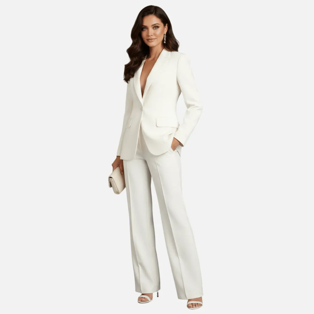 Homixa Women's single-breasted blazer and wide-leg pant suit, tailored for a stylish professional look.