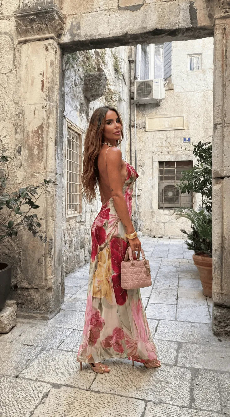 Romantic women’s floral cowl neck summer maxi dress by Homixa, featuring a flowing silhouette and vibrant floral pattern.