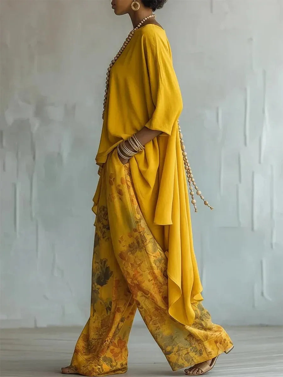 Homixa women's asymmetric tunic and wide-leg pant set, stylish two-piece ensemble with relaxed fit and contemporary design.