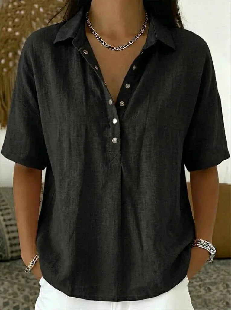 Homixa Avery women's relaxed collared shirt, lightweight and casual, displayed on a hanger with soft fabric details.