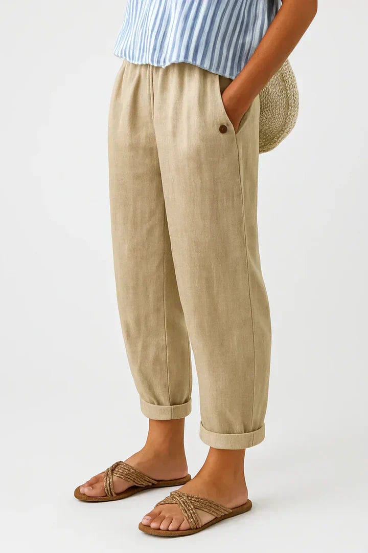 Homixa Camille women's elastic-waist trousers shown in a relaxed fit with a high waistband and casual style.