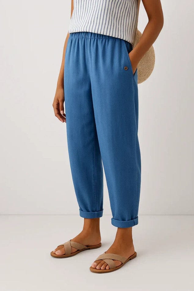Homixa Camille women's elastic-waist trousers, comfortable and stylish, shown in a relaxed fit with a smooth fabric finish.