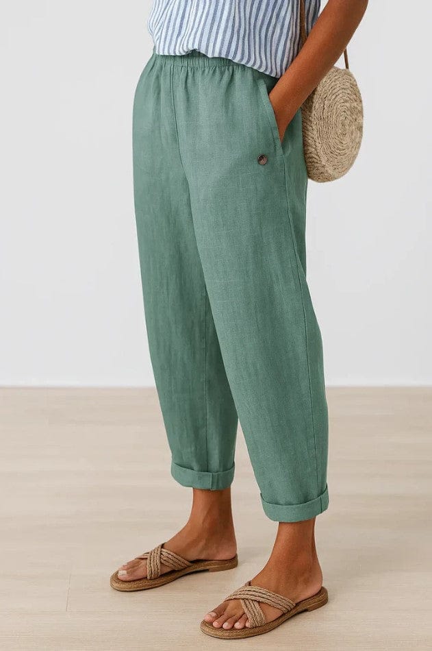 Homixa Camille women's elastic-waist trousers, stylish and comfortable casual pants for women, shown in a relaxed fit.