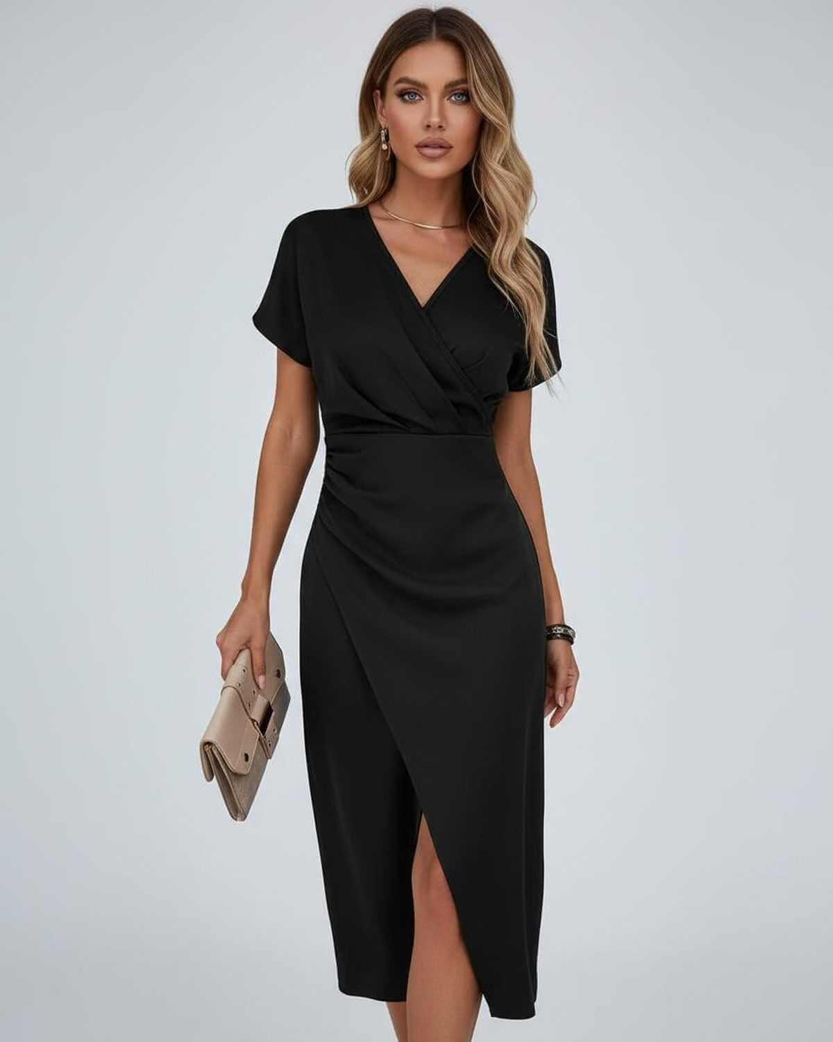 Homixa Clara women's wrap-waist midi dress featuring a flowy fabric and elegant design, shown on a model.