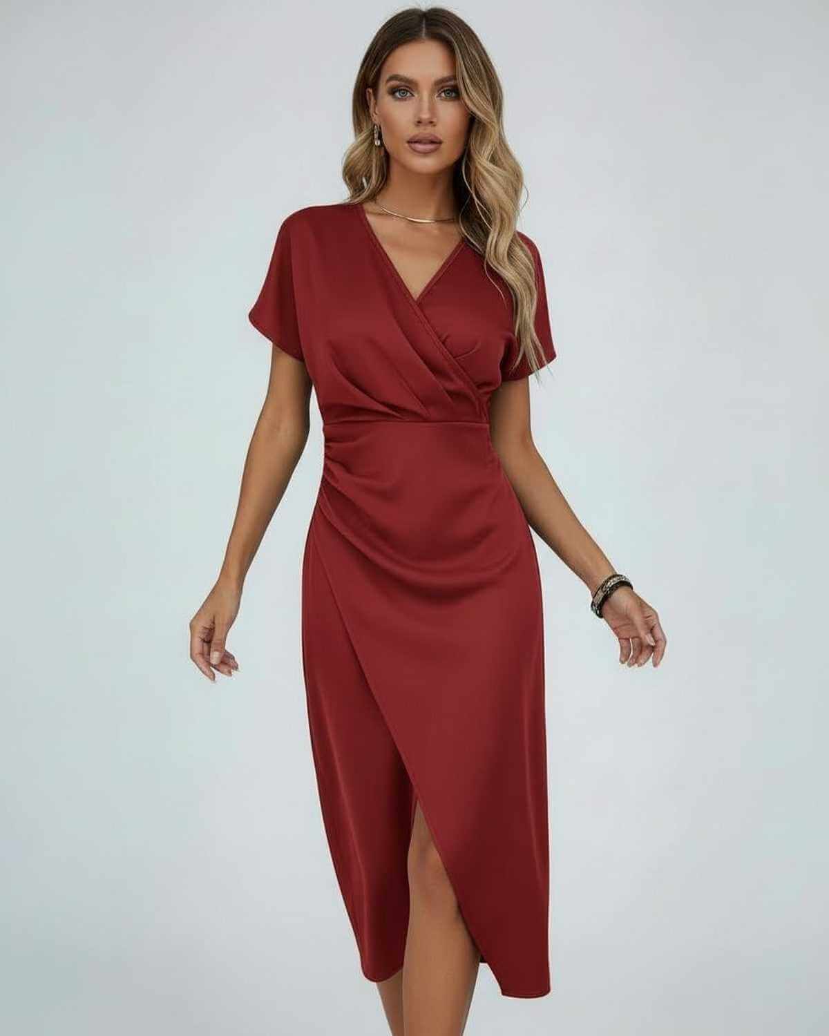 Homixa Clara women's wrap-waist midi dress featuring a stylish fit and elegant design, perfect for casual or semi-formal wear.
