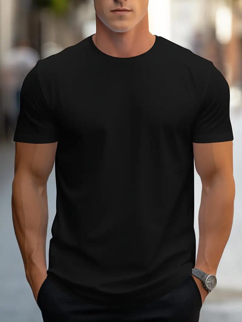 Homixa Eli men's slim-fit crew-neck T-shirt, soft fabric, fitted style, navy color displayed on model.