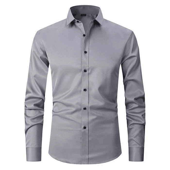 Homixa men's long-sleeve dress shirt in light blue with a classic collar and button-up front, designed for formal occasions.