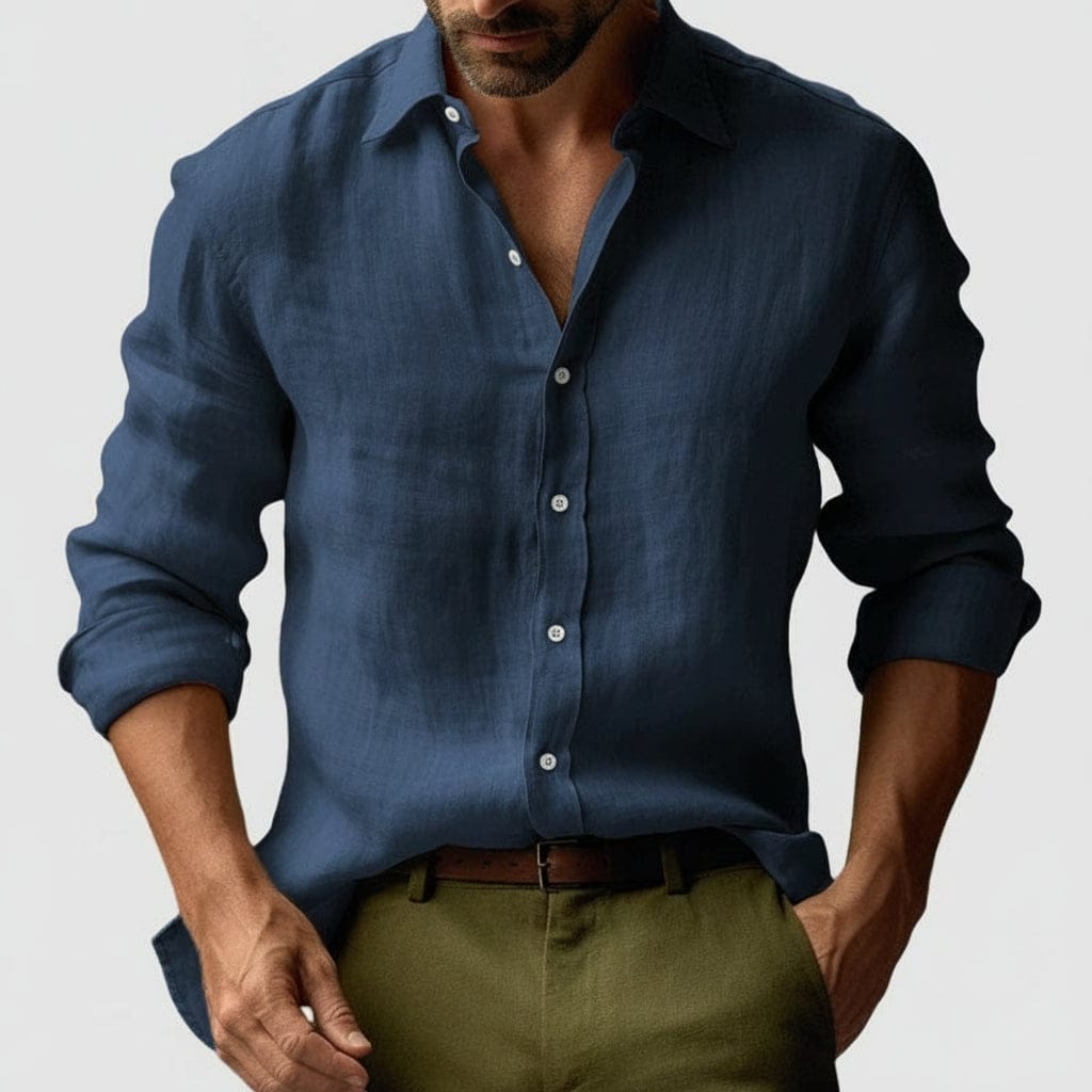 Lavana men's vintage linen long-sleeve button-up shirt in a smart-casual style, perfect for relaxed events.