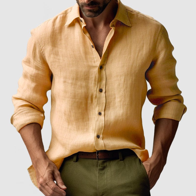 Men’s linen vintage button-up shirt by Lavana, long sleeve, perfect for smart-casual events, shown in a stylish relaxed fit.
