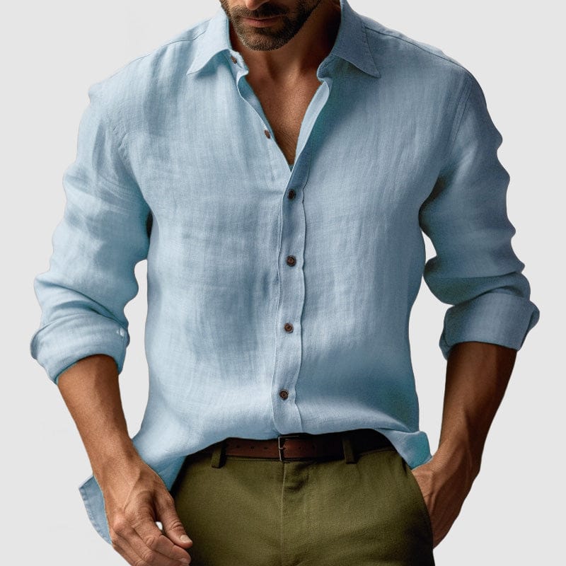 Lavana men's vintage linen button-up long-sleeve shirt, perfect for smart-casual events, shown in a natural fabric and classic design.