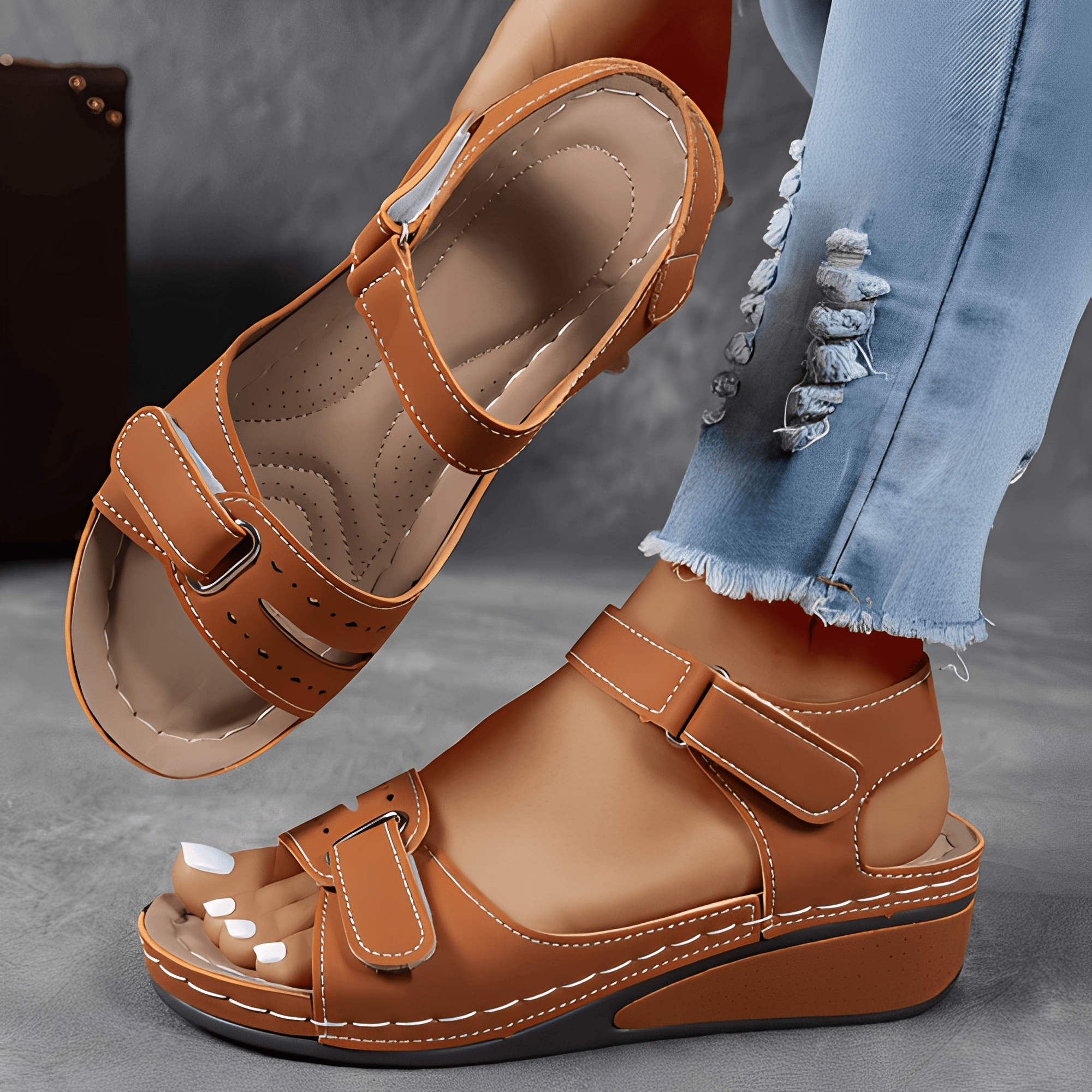 Womens beige summer sandals by Mainz-Mode with supportive footbed, perfect for casual everyday wear and outdoor activities.