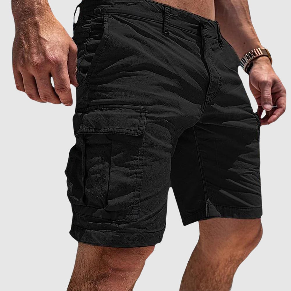 Homixa Hudson men's utility cargo shorts, khaki color with multiple pockets, casual fit, suitable for outdoor and everyday wear.