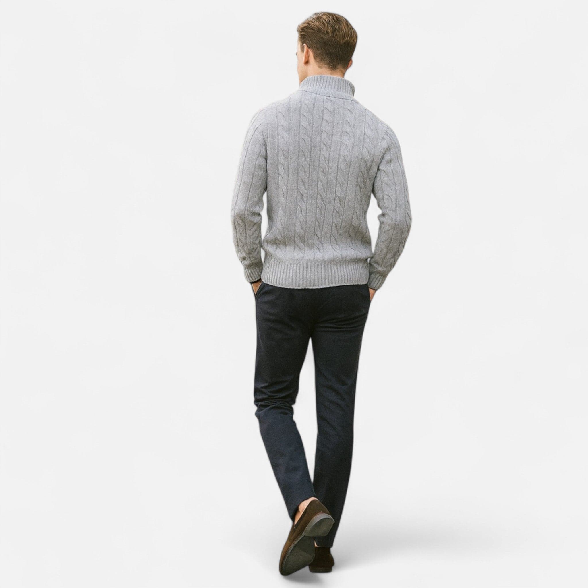 Homixa men's cable-knit half-zip sweater in charcoal gray, featuring a classic knit pattern and a half-zip collar.