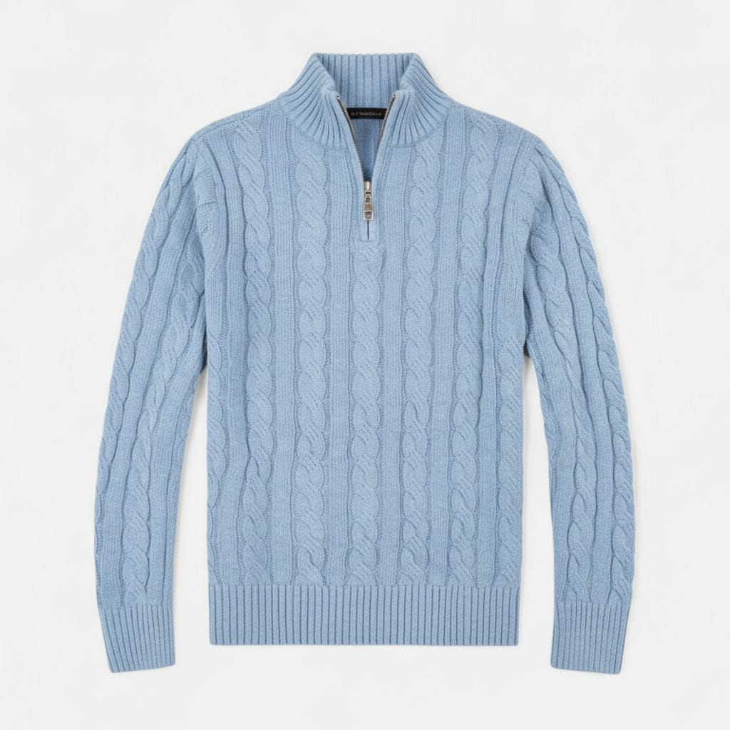 Homixa men's cable-knit half-zip sweater in navy, showing close-up of textured knit fabric and half-zip collar.