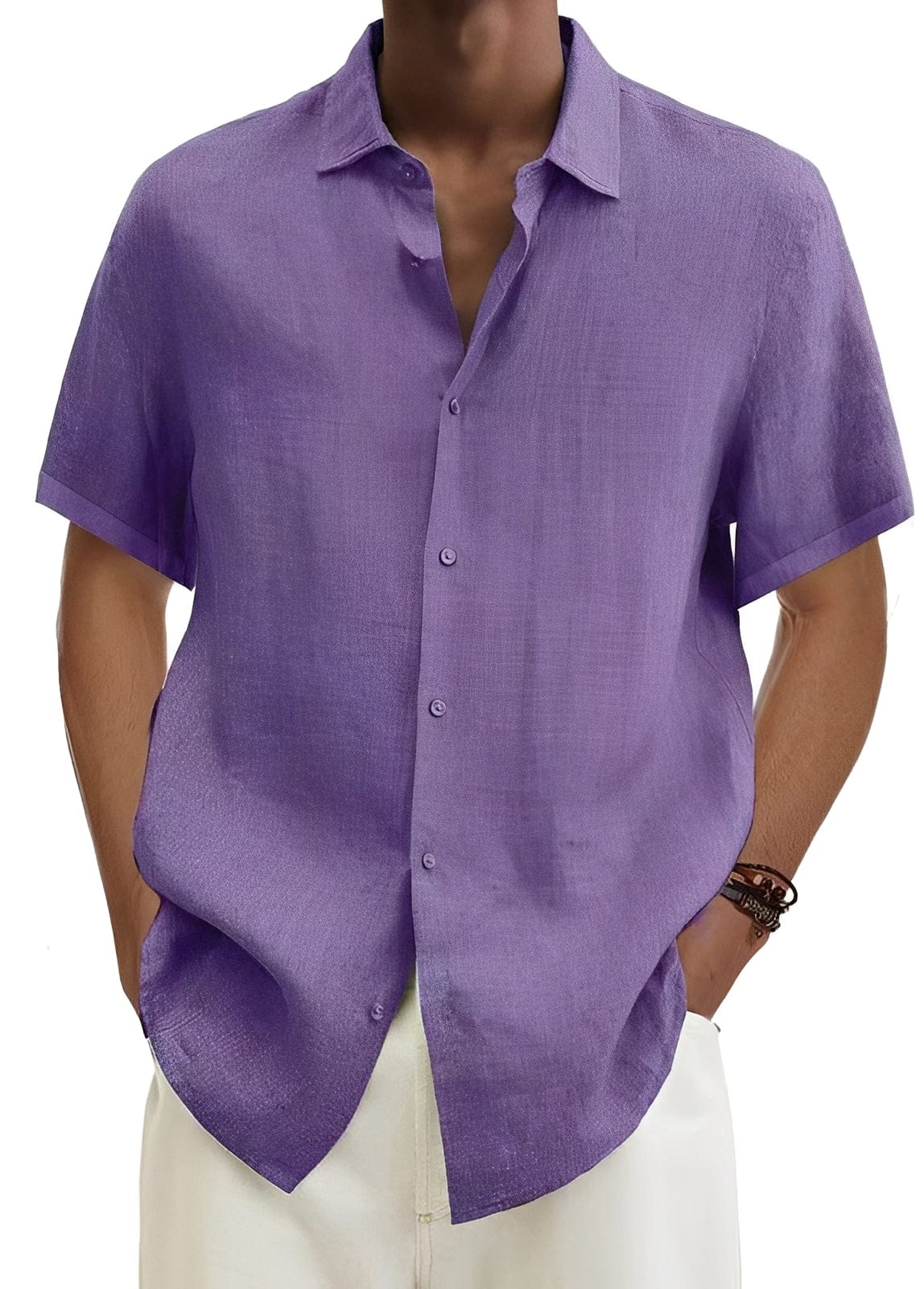 Homixa men's relaxed short-sleeve button-up shirt displayed on a hanger, showcasing casual style and breathable fabric.