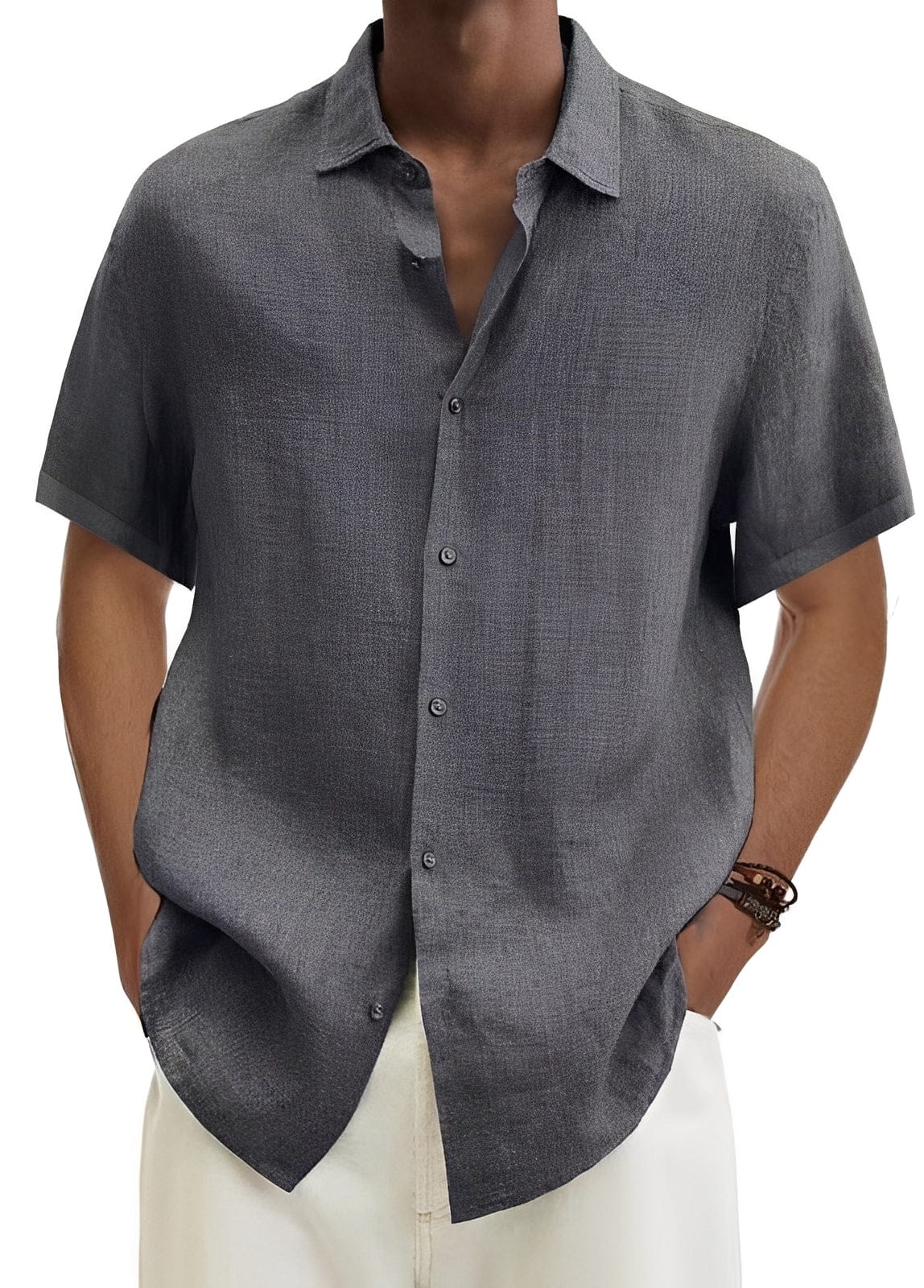 Homixa men's relaxed short-sleeve button-up shirt displayed on a hanger, featuring a casual fit and classic collar.