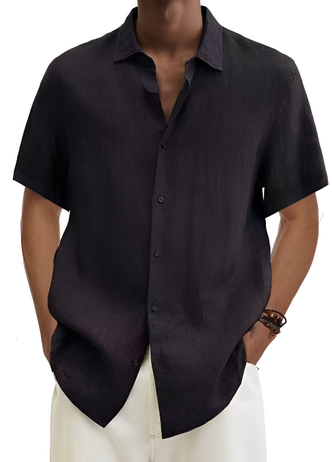 Homixa men's relaxed short-sleeve button-up shirt hanging on a wooden hanger, casual men's clothing for warm weather.
