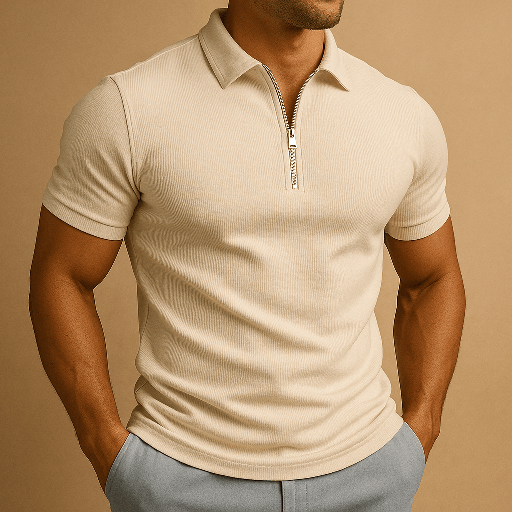 Homixa Nico men's zip-neck polo shirt in navy with a classic collar and short sleeves, displayed on a plain background.