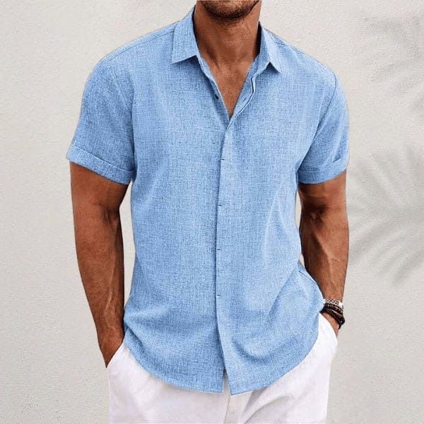 Homixa Theo men's relaxed button-up shirt in soft fabric, featuring a classic collar and casual fit, shown laid flat.