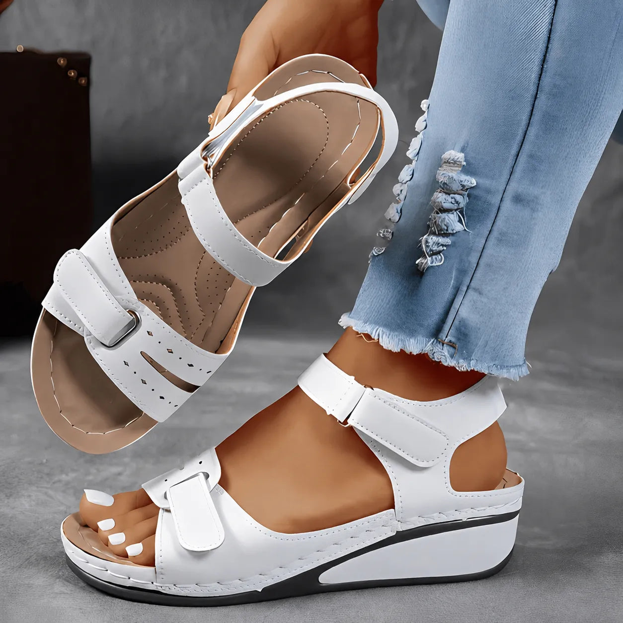 Homixa women's adjustable-strap wedge sandals with cushioned footbed and wood-style heel, perfect for casual summer wear.