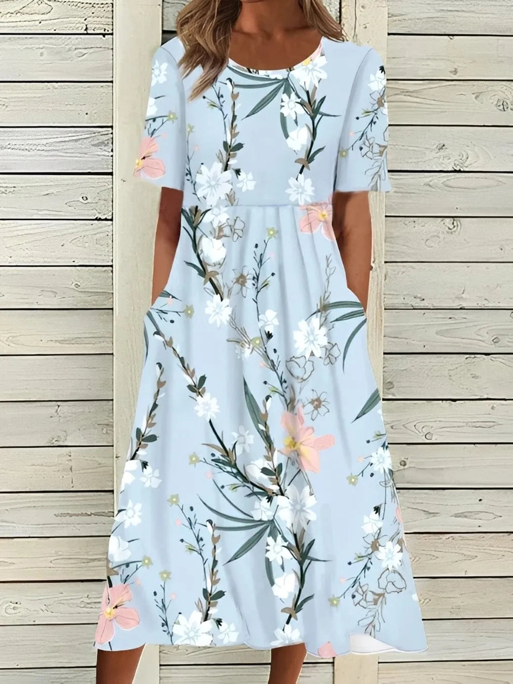 Homixa women's floral short-sleeve maxi dress with a flowy silhouette and vibrant flower pattern, ideal for casual summer wear.