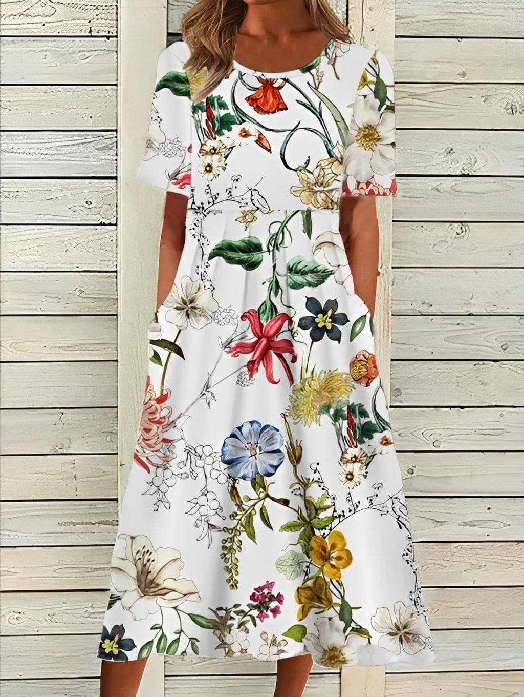 Elegant women's midi dress by Mainz-Mode with a floral pattern and flowing silhouette, perfect for stylish occasions.