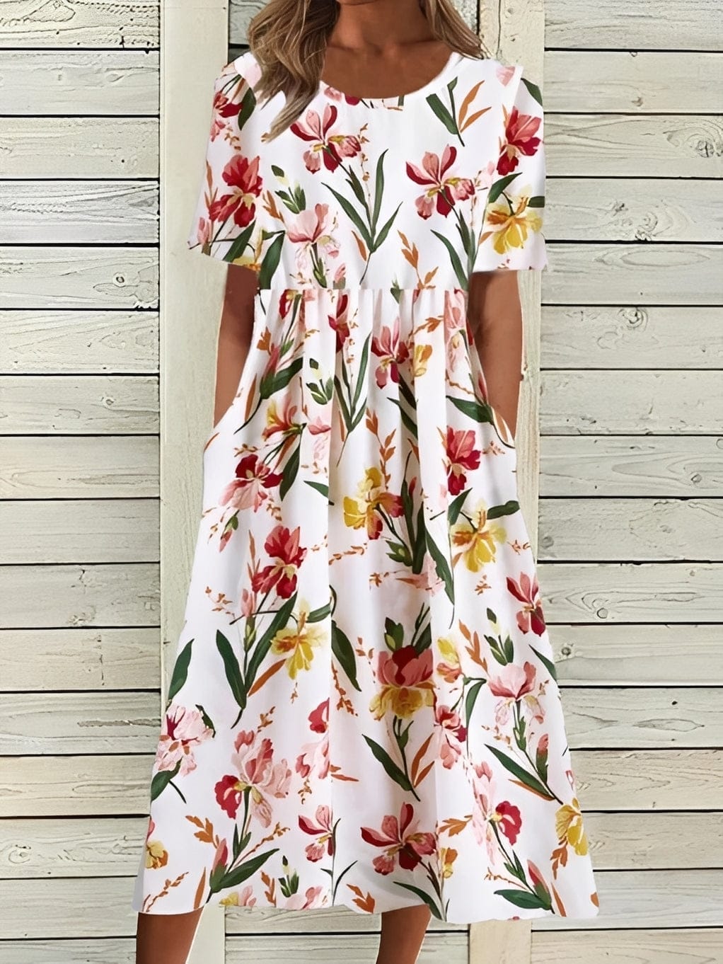 Elegant women's midi dress with floral design and flowing silhouette, made by Mainz-Mode, perfect for stylish occasions.