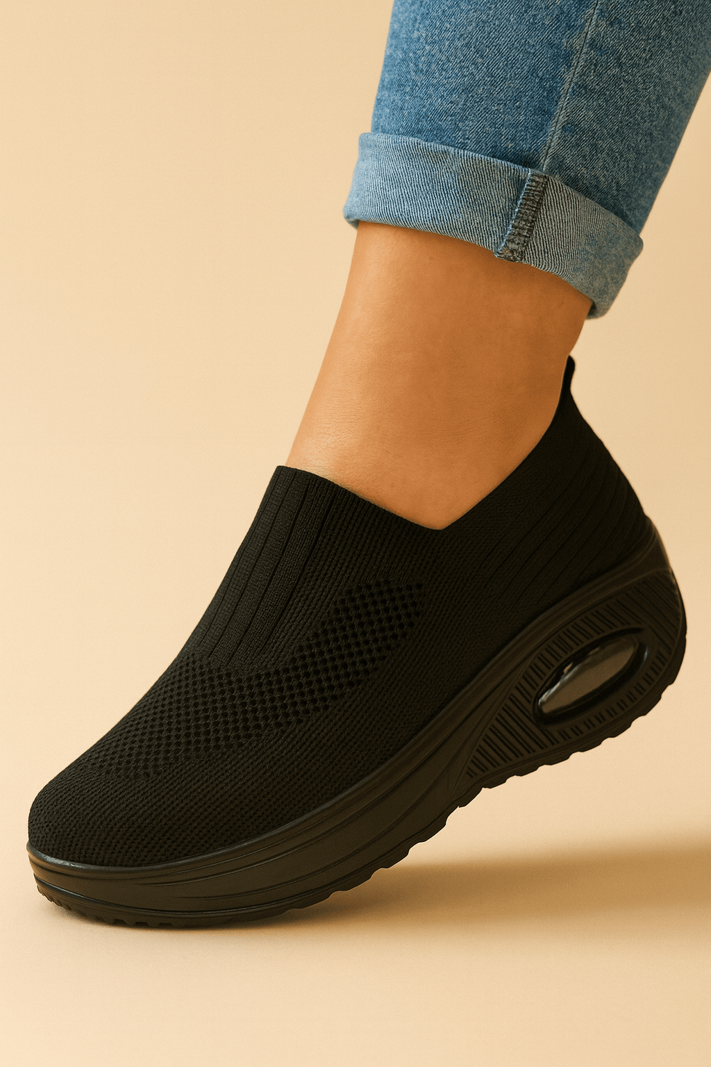 Black women's slip-on sneaker by Mainz-Mode, orthopedic with breathable comfort, shown from the front angle.