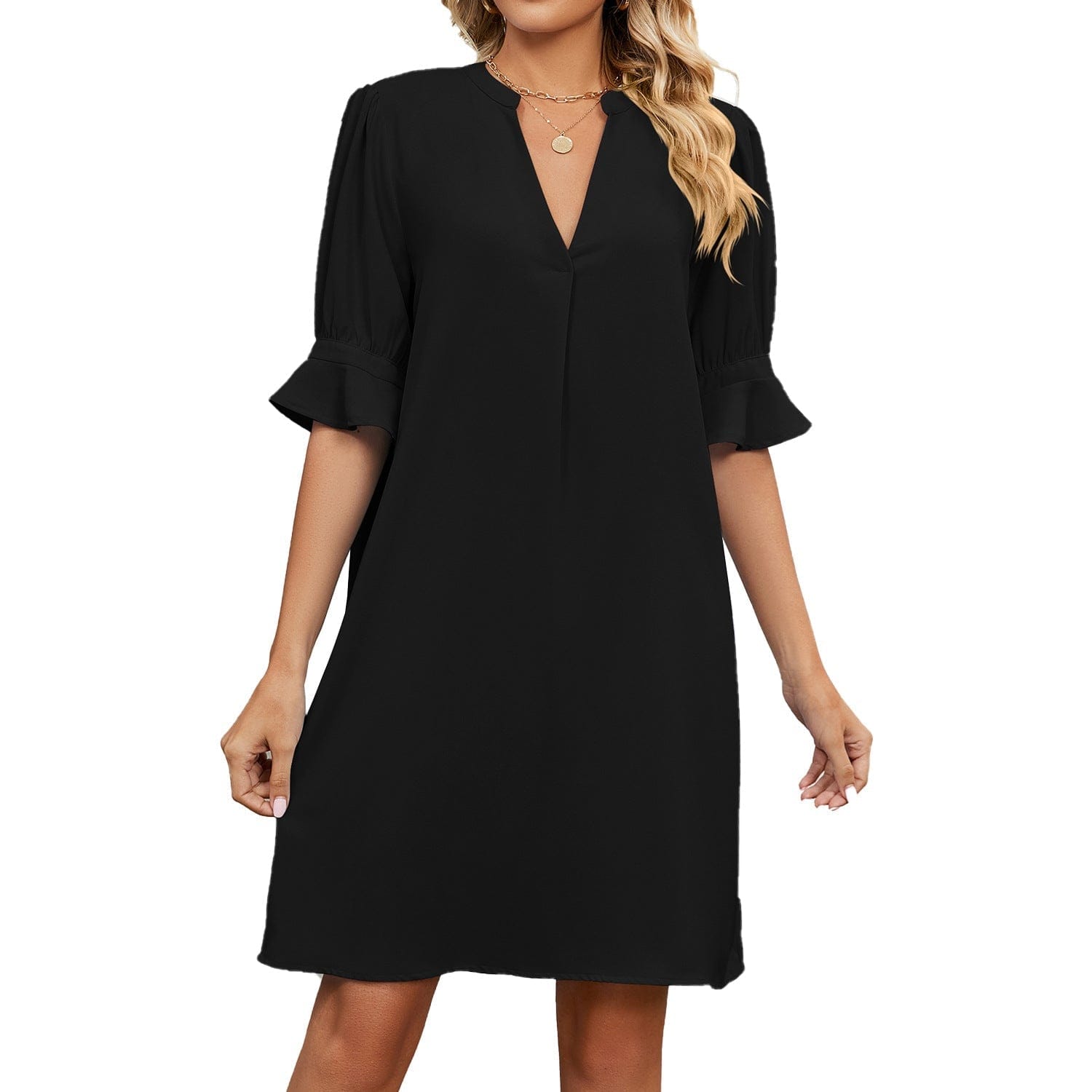 Light, airy Damen Mini Kleid with V-neckline from Mainz-Mode, perfect for casual, stylish everyday looks.