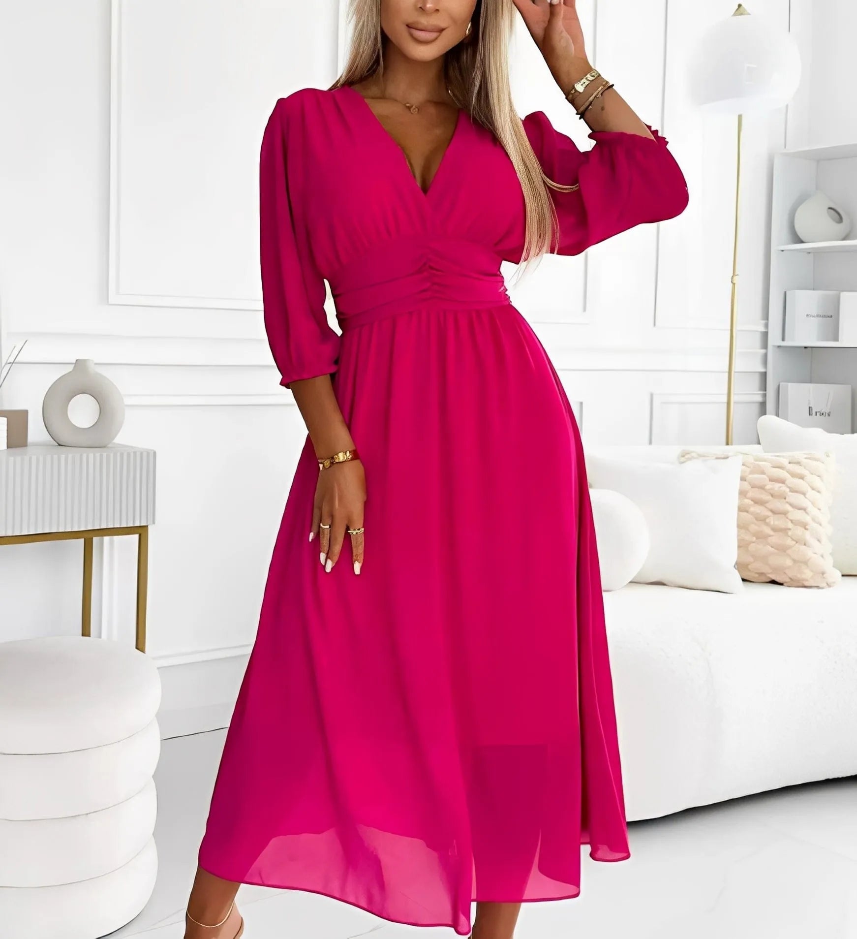 Homixa women's V-neck three-quarter-sleeve maxi dress displayed on a model, flowing fabric, elegant and casual style.