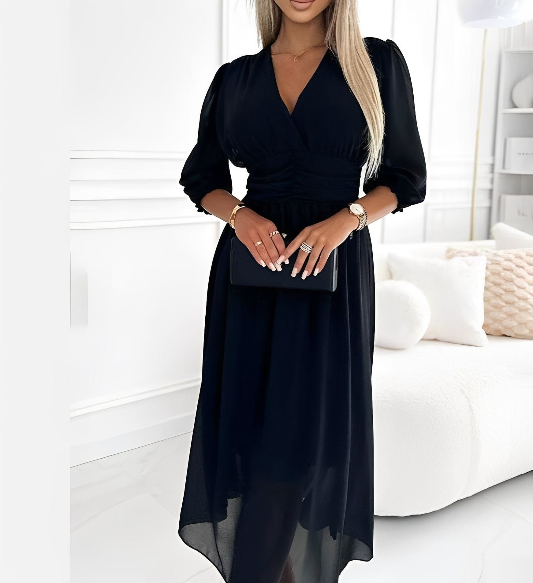 Elegant Damen Maxi Kleid with Ellbogenärmeln from Mainz-Mode, showcasing a stylish silhouette and flowing fabric.