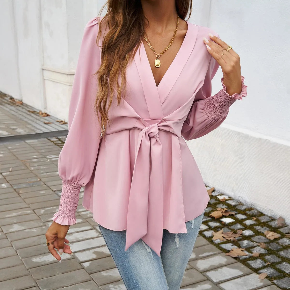 Homixa women's V-neck tie-waist blouse in soft fabric, featuring a stylish V-neckline and waist tie, ideal for casual or office wear.