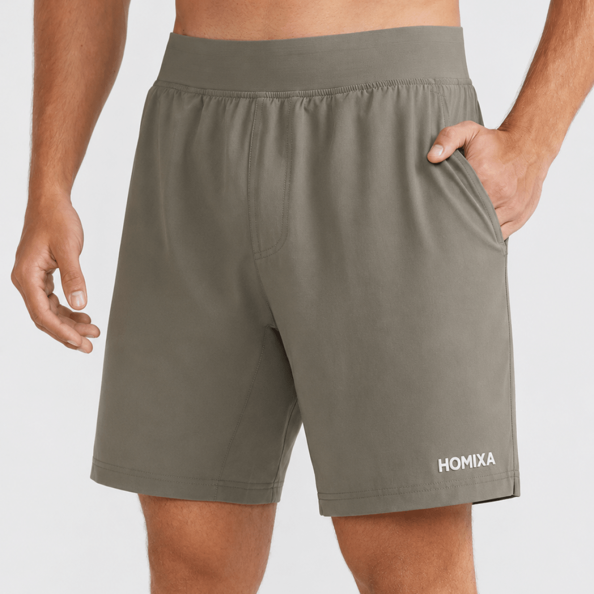 Homixa Aero Core Performance men's khaki gray shorts with breathable fabric and athletic fit, suitable for active wear.