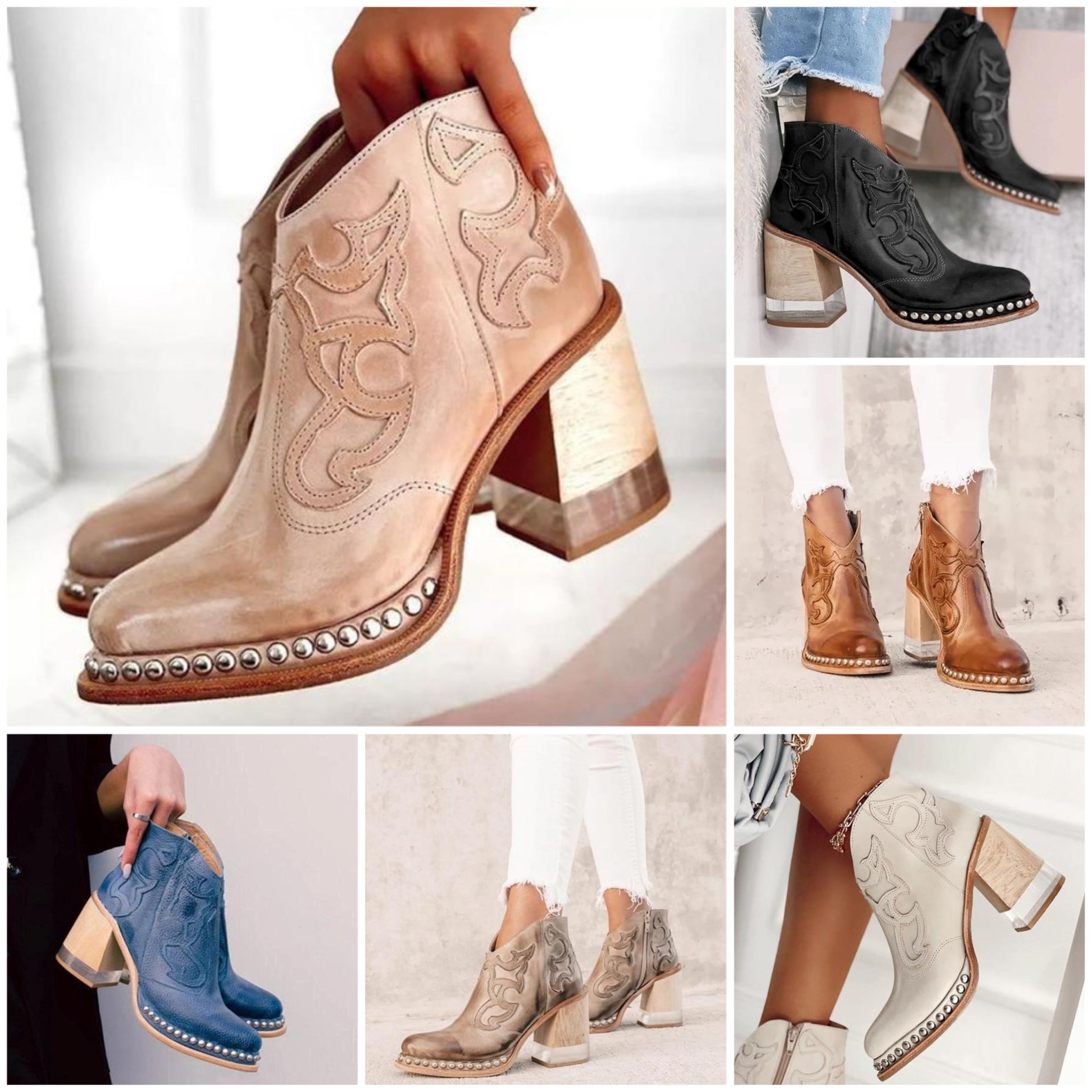 Homixa women's cowboy boots in relaxed fit Rowan style with brown leather and decorative stitching, standing on a rustic wooden surface.