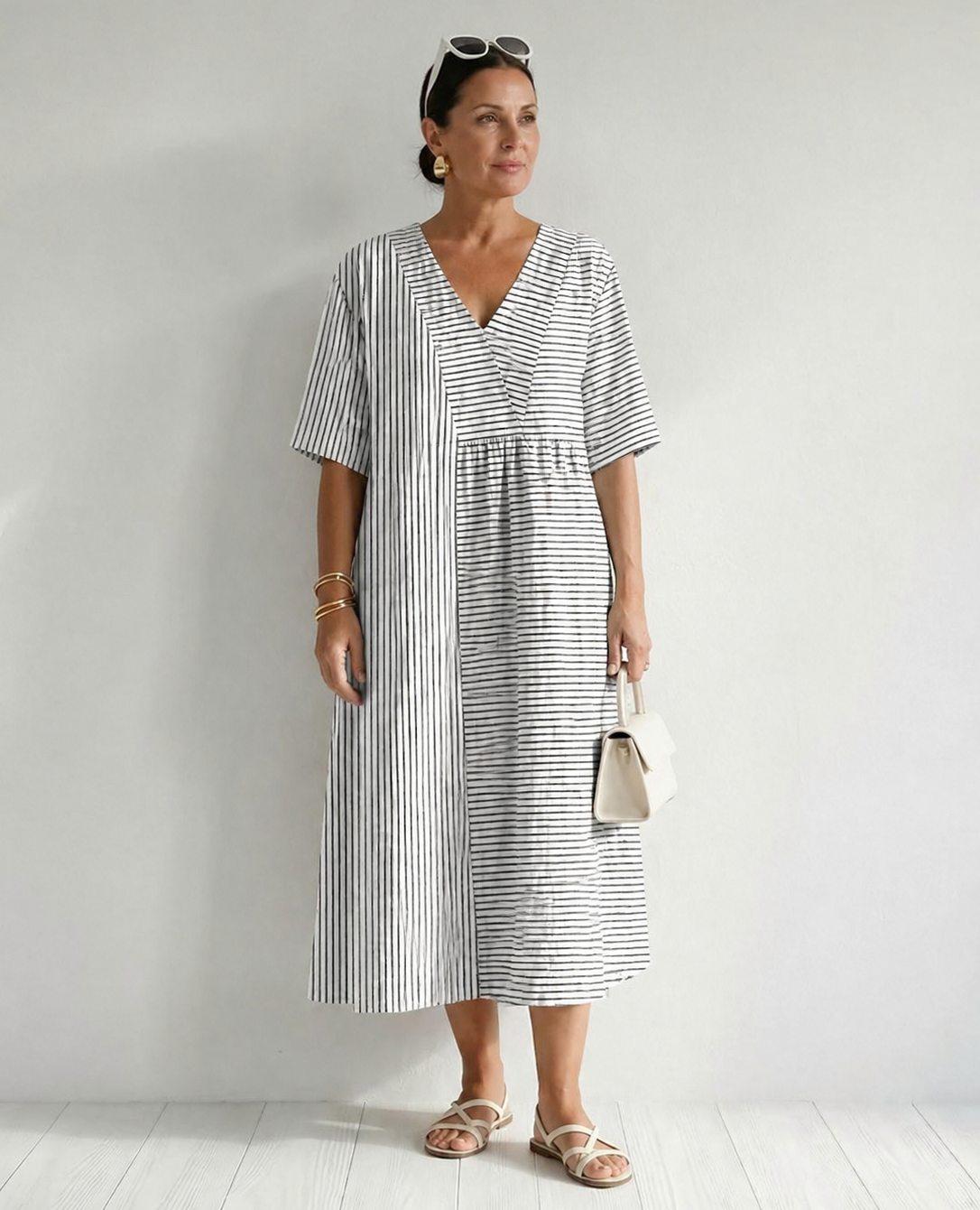 Isa | Women's Mixed-Stripe V-Neck Midi Dress - product image 1